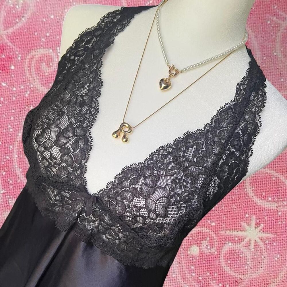 Victoria's Secret Black Satin Lace Babydoll Halter Slip Dress